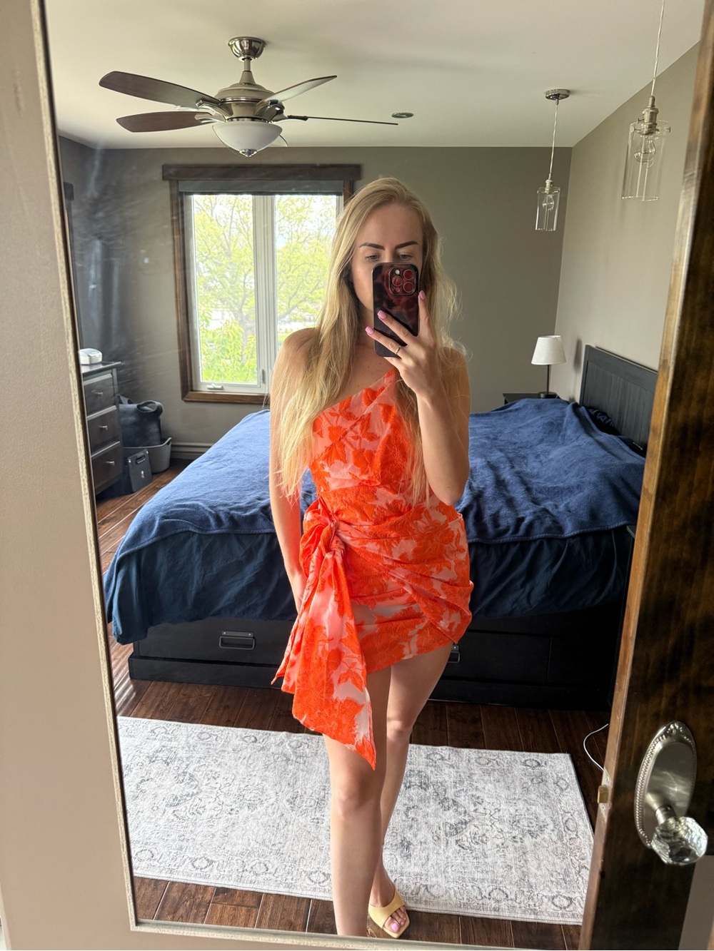 Orange One-Shoulder Floral Wrap Dress